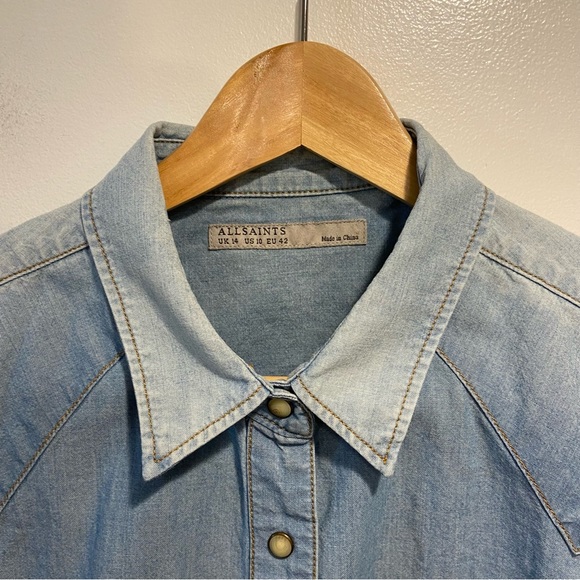 All Saints Tops - ALL SAINTS Blue Chambray Pearl Snap Button Up S/S Shirt Womens US 10 UK 14 *NOTE